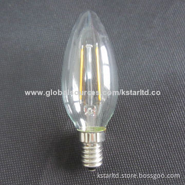 LED filament bulb C35, 2W, glass cover, E14 base, 220-240V or 110V-130V AC, CE and RoHS